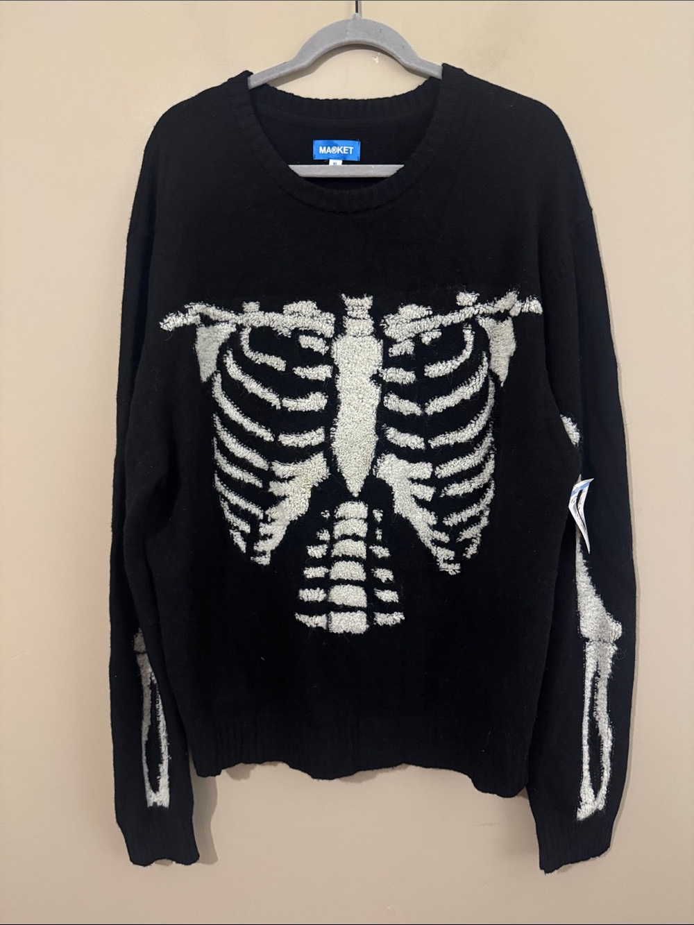 MARKET Skelly Intarsia Wool Blend Sweater, Black/white, size XL - Picture 5 of 12